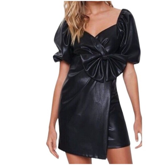 Forever 21 S Faux Leather Black Mini Dress Bow Puff Sleeve Goth Witchy - Picture 1 of 7